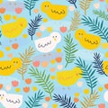 Light blue with cute whimsical Easter baby chicks seamless pattern background design.