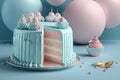 light blue delicious multi-layered birthday cake with pink decorations