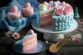 light blue delicious multi-layered birthday cake with pink decorations