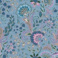 Light blue denim with colorful floral pattern. Beautiful ornamental floral seamless background. Hand draw eastern