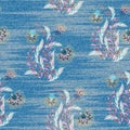 Light blue denim with colorful floral pattern. Beautiful ornamental floral seamless background. Hand draw eastern