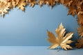 A light blue design background with dry maple leaf, AI generated