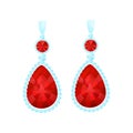 Light blue earrings with rubies. Vector illustration on white background.