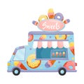 Light blue food truck with sweets. Vector illustration on a white background.