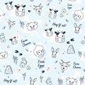 Light Blue Friendly Farm Animal Faces outline doodles