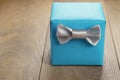 Light blue gift box with minimalistic silver ribbon bow on wooden table Royalty Free Stock Photo