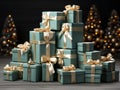 Light blue gift boxes with golden ribbons on wooden floor on dark background with blurred lights. Copy space Royalty Free Stock Photo