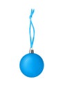 Light blue glass ball hanging on ribbon on white background isolated close up, ÃÂ¡hristmas tree decoration, shiny round bauble