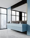 Light blue and gray bathroom corner with double sink, long horizontal mirror and cityscape window Royalty Free Stock Photo