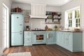 Light blue kitchen with refrigerator Royalty Free Stock Photo