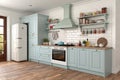 Light blue kitchen with refrigerator Royalty Free Stock Photo