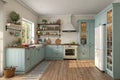 Light blue kitchen with mounted oven and fridge Royalty Free Stock Photo