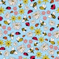 Light blue Ladybugs and Bees seamless pattern background. Summer pattern with flowers and bugs. Doodle bugs pattern.