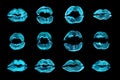 Light blue lipstick kiss print set black background isolated closeup, neon blue sexy lips makeup collection, shiny female kisses