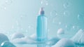 Light blue liquid inside clear plastic pump bottle, surrounded by foamy white soap suds and floating bubbles against soft blue Royalty Free Stock Photo