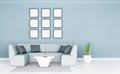 Light blue living room interior design with sofa and blank picture frames, blue wall and white floor Royalty Free Stock Photo