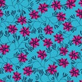 Light Blue with magenta flowers and dark blue stems and leaves seamless pattern background design.