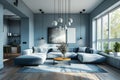 Light blue minimalistic spacious stylish living room, couch and a coffee table with flowers on a rug, a big window and a