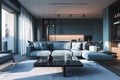 Light blue minimalistic spacious stylish living room, couch and a coffee table on a rug, a big window and a kitchen area