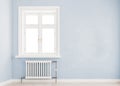 Light blue mock up wall with large window an radiator, Scandinavian style