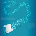 Light blue music background with white list of paper with staves and treble clef and other notes from it to far