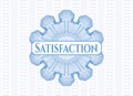 Light blue passport money rosette with text Satisfaction inside