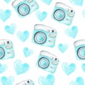 Light blue photo cameras and hearts watercolor clipart. Seamless pattern digital paper background