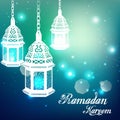 Light blue ramadan kareem background with Illuminated lamp