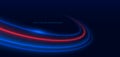 Light blue and red cuved rays glowing on dark blue background. High speed motion moving concept Royalty Free Stock Photo