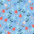 Light Blue with red flowers and whimsical leaves seamless pattern background design.