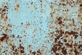 Light blue rust metal decayed crumpled sheet wide background. Royalty Free Stock Photo