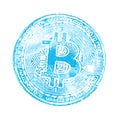 Macro. Light blue seal of bitcoin on white isolated background. Print on papers cryptocurrency for designers. Square frame. Royalty Free Stock Photo