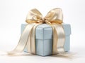 light blue shiny Gift box with white ribbon isolated on white background seen frontally and red Royalty Free Stock Photo