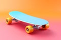 Light blue skate board or skating surf board on colored background, extreme lifestyle and active sports. Colorful cruiser board on