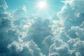 A light blue sky with white clouds and rays of shining through, a heavenly background with godrays creating a heavenly scene. Royalty Free Stock Photo