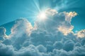 A light blue sky with white clouds and rays of shining through, a heavenly background with godrays creating a heavenly scene. Royalty Free Stock Photo