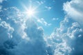 A light blue sky with white clouds and rays of shining through, a heavenly background with godrays creating a heavenly scene. Royalty Free Stock Photo