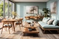 Light blue sofa and dining table and chairs. Scandinavian or mid-century interior design of modern living room. Created with Royalty Free Stock Photo