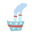 Light blue steamboat cute isolated on white background. Cartoonish ship with steam and red strips in doodle Royalty Free Stock Photo