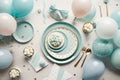 Light blue table with baloons and confetti, party table for a baby boy shower or gender reveal, generative AI Royalty Free Stock Photo