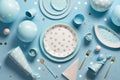 Light blue table with baloons and confetti, party table for a baby boy shower or gender reveal, generative AI Royalty Free Stock Photo