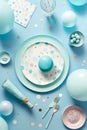 Light blue table with baloons and confetti, party table for a baby boy shower or gender reveal, generative AI Royalty Free Stock Photo