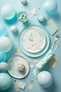 Light blue table with baloons and confetti, party table for a baby boy shower or gender reveal, generative AI Royalty Free Stock Photo