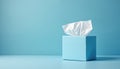 Light blue tissue box with crumpled white tissue paper on a matching blue background. Box is placed on a flat blue surface. Royalty Free Stock Photo