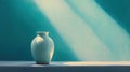 A light blue vase sits on a white windowsill, casting a shadow on the wall behind it. Royalty Free Stock Photo