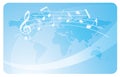 light blue vector card with curved music notes and abstract world map