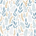 Light blue vector seamless pattern with herbs and flowers. Romantic floral background. Fabric design.