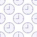 Light blue Very Peri clock repeat seamless pattern on white background.