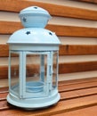 Light Blue Vintage Lantern on Wooden Table