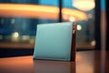 Light blue wallet on a wooden table against a warm lit cafe background